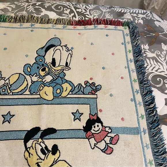 90s Vintage 45” x 53” Disney baby blanket fringe blue white Mickey Mouse toys - Picture 3 of 10
